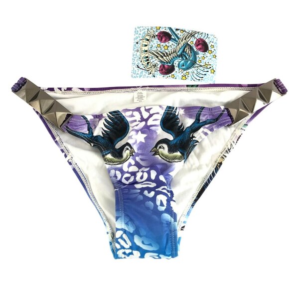Sinful by Affliction Bikini Bottom Studded Birds Leopard Rhinestone Blue Size XS - Picture 1 of 4